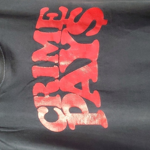 Crime pays black tee shirt. Size‎ large. RED letters. Cut off raw sleeves. - Picture 2 of 4
